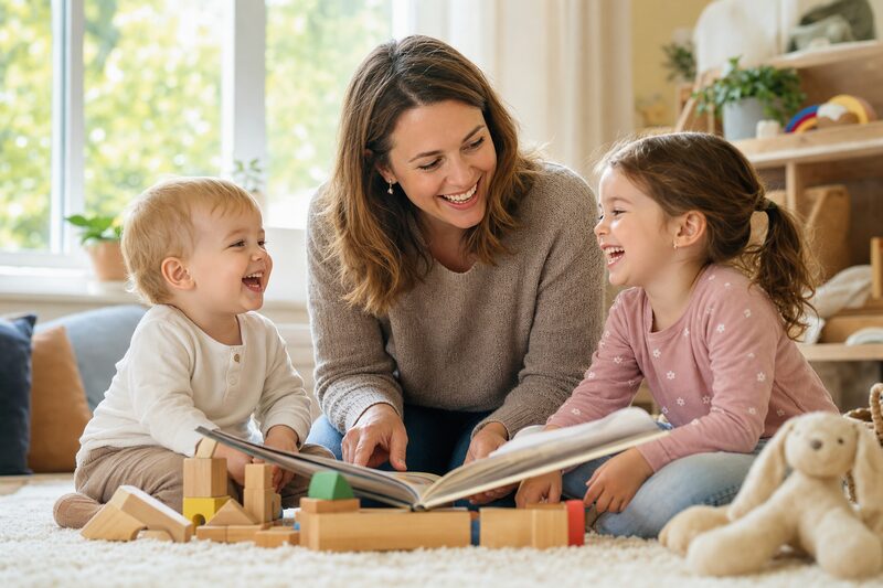 Tagesmutter liest zwei Kindern vor und spielt mit Bauklötzen — liebevolle Kinderbetreuung zu Hause